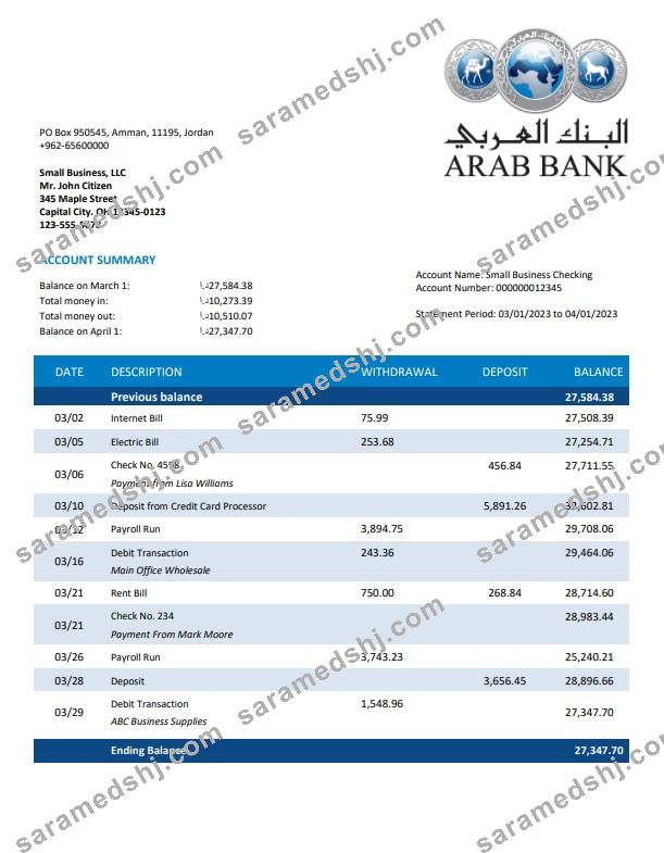 Arab Bank organization checking account statement Word and PDF template